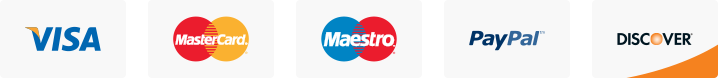 Accepted payment methods including Visa, Mastercard, American Express, and Discover.