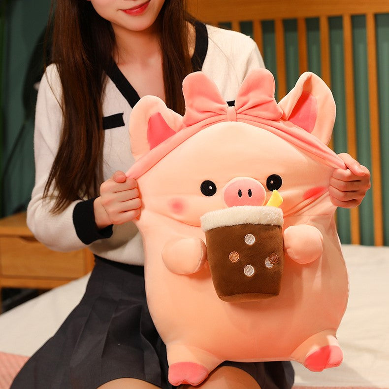 Cute Bubble Tea Pink Pig Plush Toys - Image 3