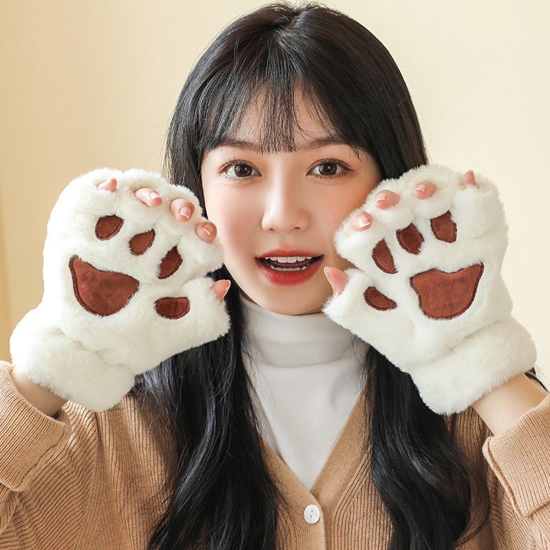 Cute Fingerless Cat Paw Plush Gloves - Image 2