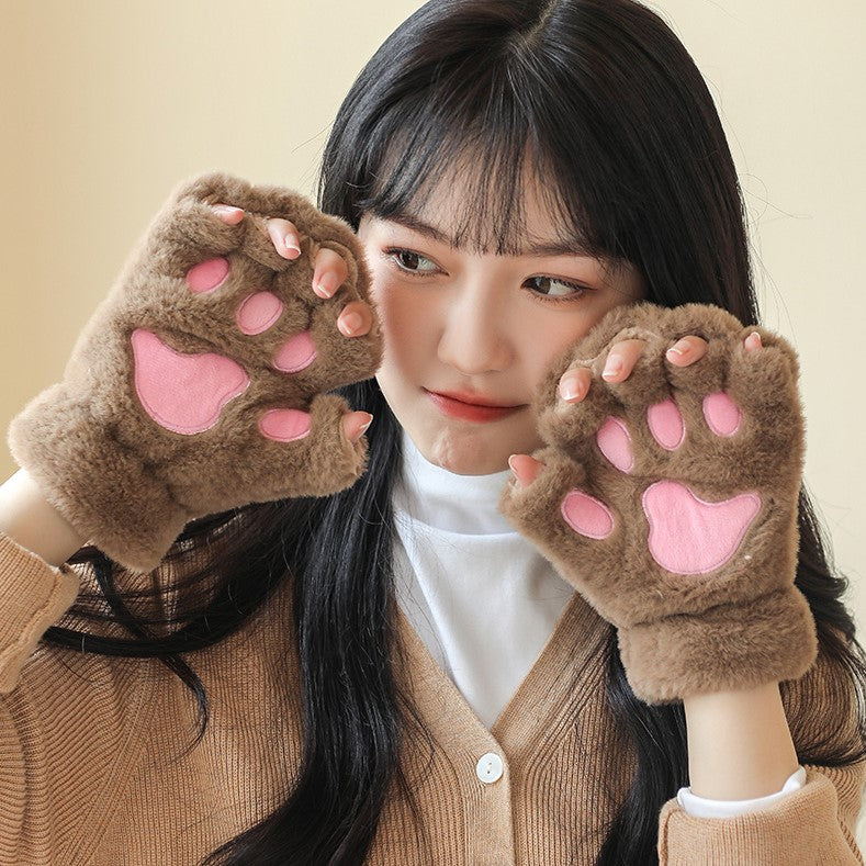 Cute Fingerless Cat Paw Plush Gloves - Image 3
