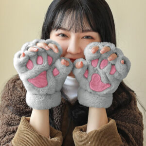 Cute Fingerless Cat Paw Plush Gloves