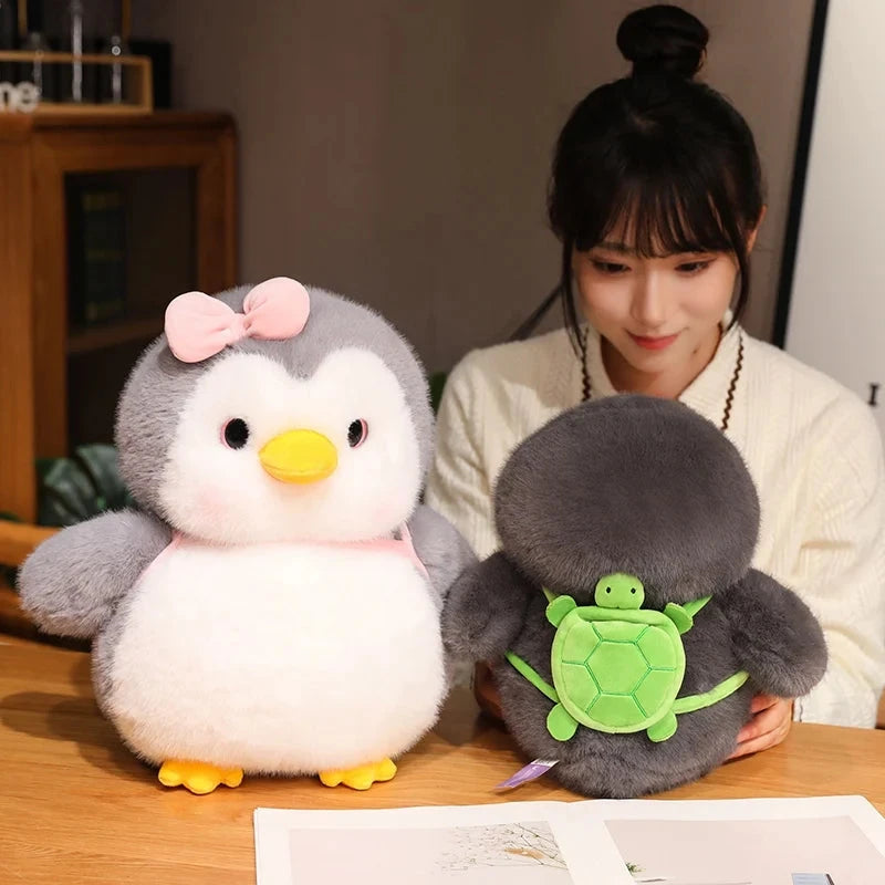 Fluffy Gray Penguin Plushie with Turtle Backpack - Image 10