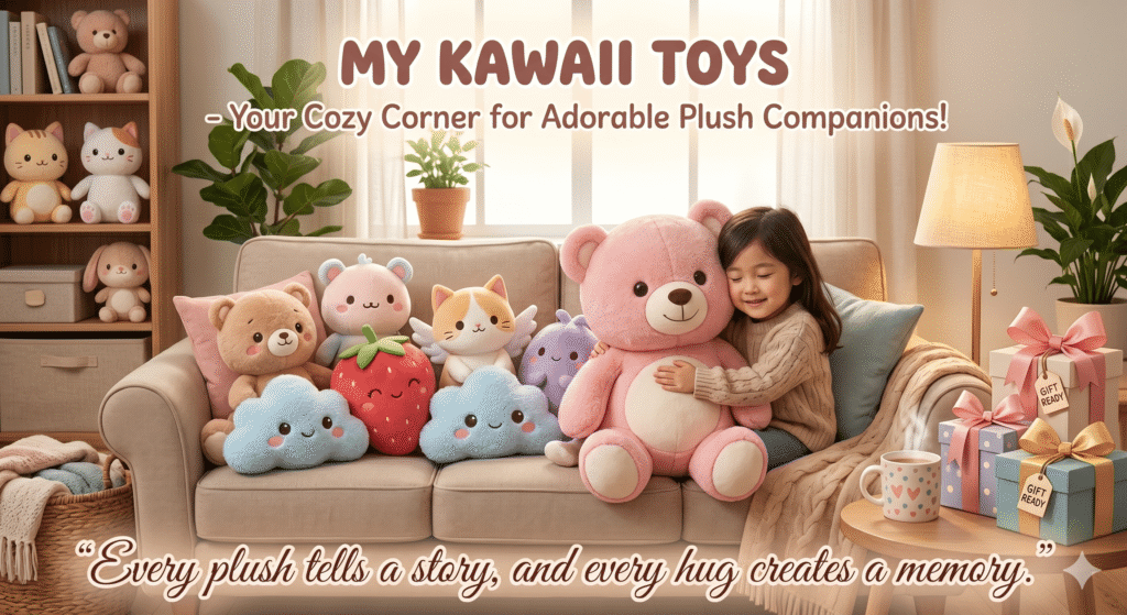 A young girl hugging a giant pink teddy bear on a cozy sofa, surrounded by various cute kawaii plush toys and gift boxes. Features My Kawaii Toys branding and a warm quote.