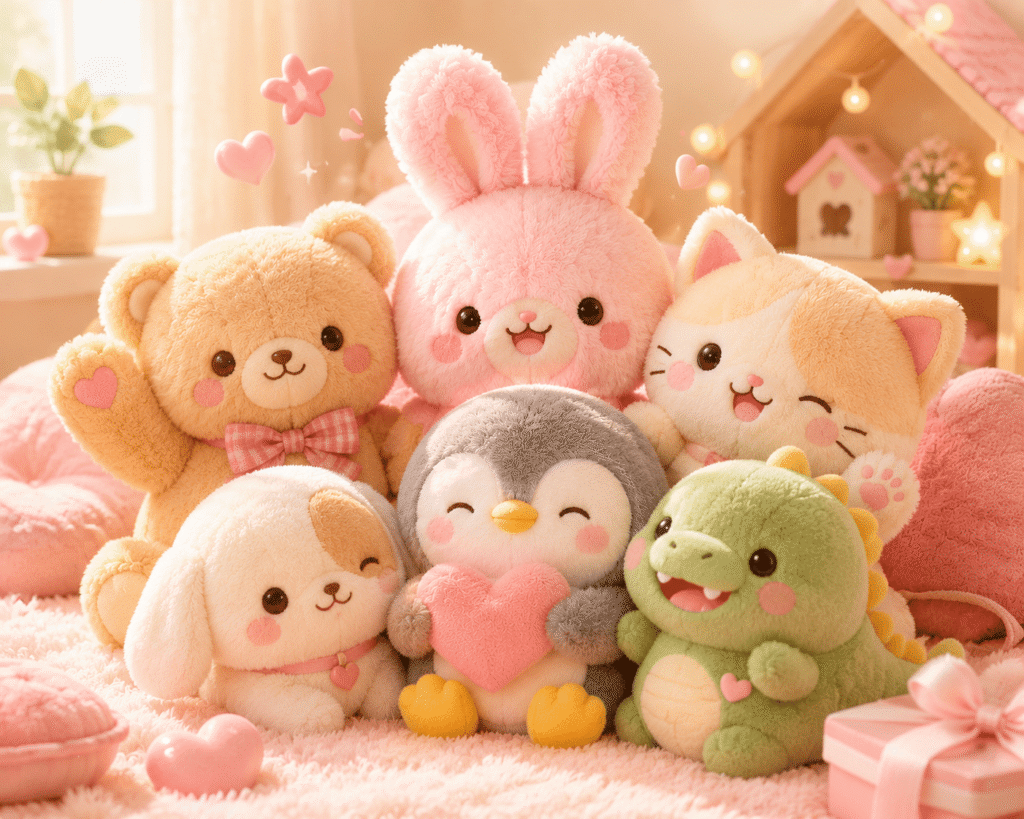 Six adorable kawaii plush toys (a bear, bunny, cat, puppy, penguin, and dinosaur) sitting closely together on a soft pink surface in a cozy, warmly lit room.