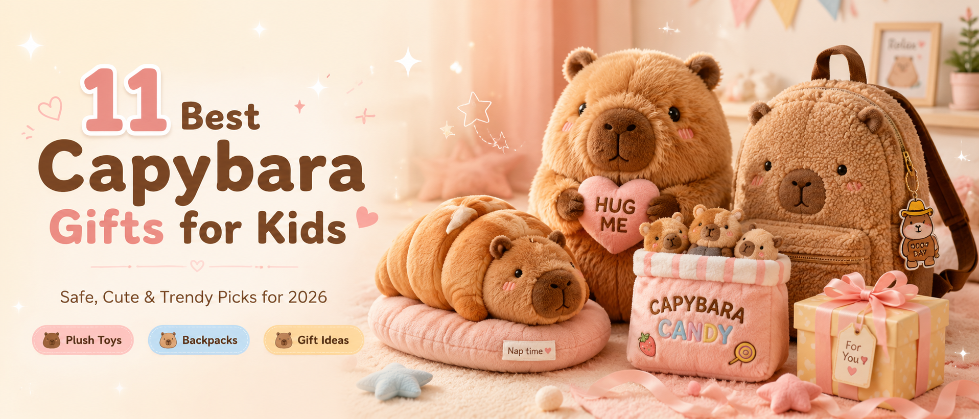A cute kawaii-style blog banner featuring different capybara gift ideas for kids, including capybara plush toys, a capybara backpack, a candy bag plush set, and a gift box. The design uses warm pink and cream tones with playful decorations, promoting safe, cute, and trendy capybara gifts for 2026.