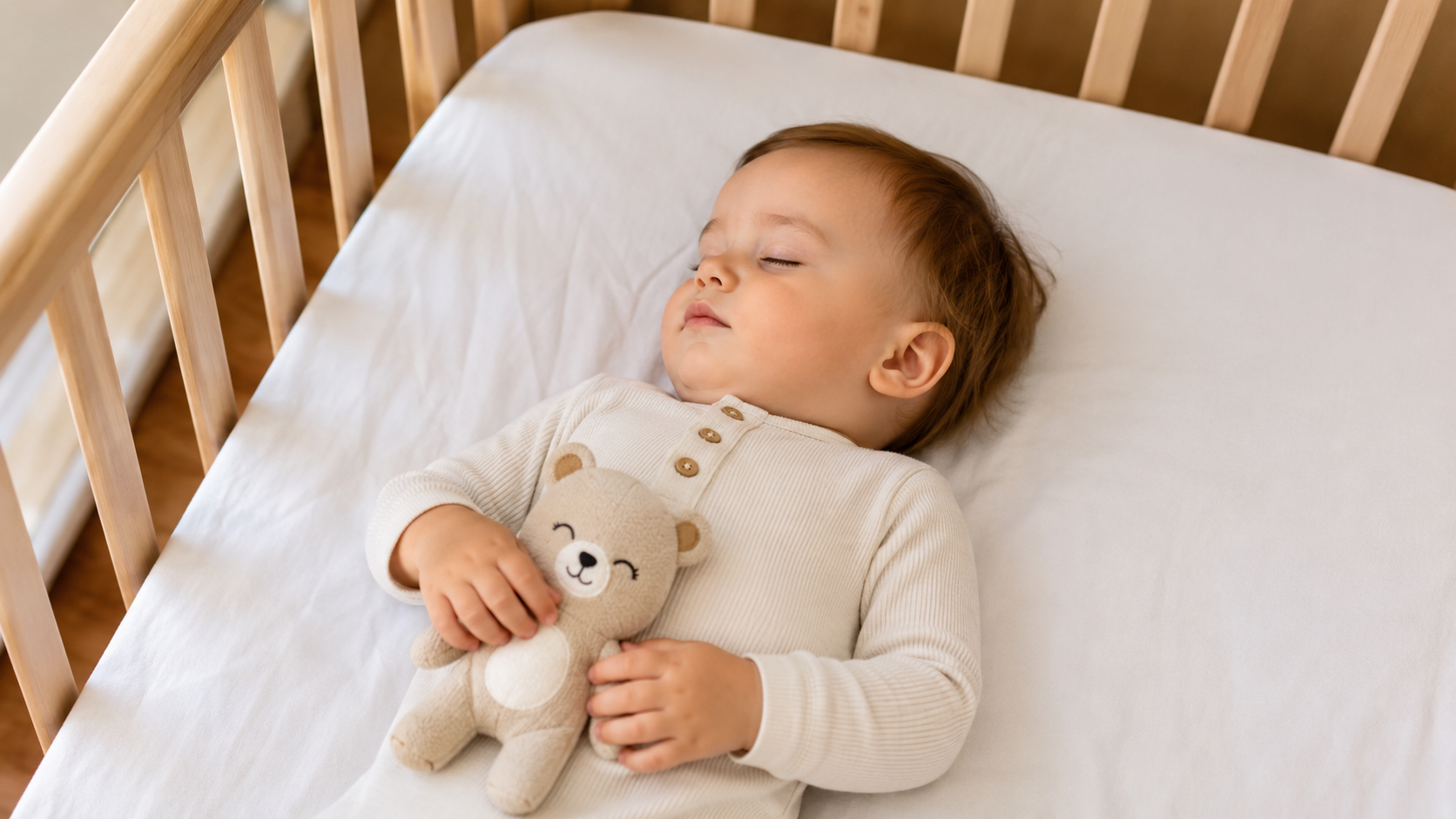 A 14-month-old toddler sleeping peacefully in a safe bare crib while holding a small embroidered plush toy.