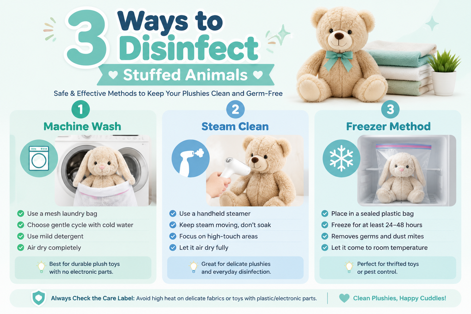 Infographic showing 3 ways to disinfect stuffed animals: machine wash, steam clean, and freezer method for safe plush toy cleaning