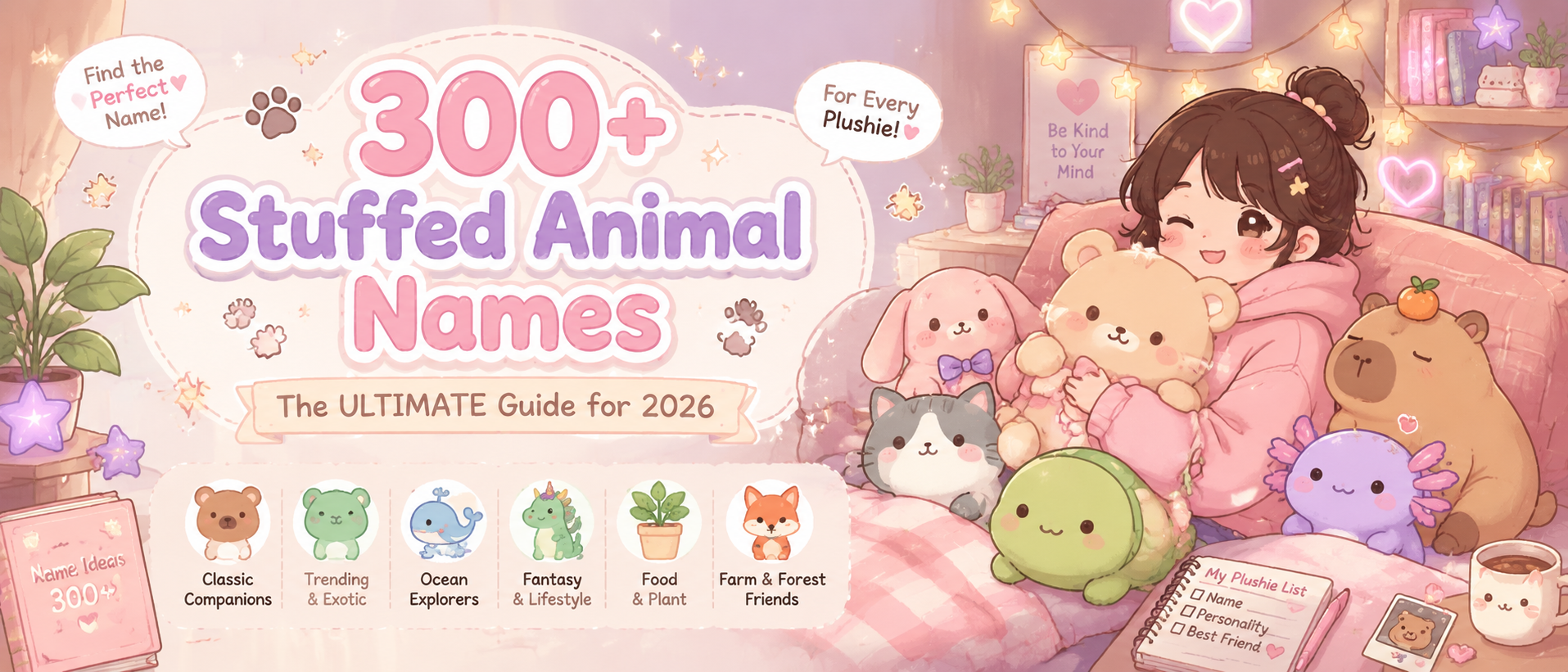A wide pastel kawaii-style illustration banner promoting a guide to 300+ stuffed animal names. The design features a soft pink and purple aesthetic with cute plush toys, a cozy bedroom scene, and a cheerful character surrounded by adorable stuffed animals. The layout highlights categories like classic, trending, ocean, fantasy, and food-inspired plush names, creating a playful and informative kawaii blog header.