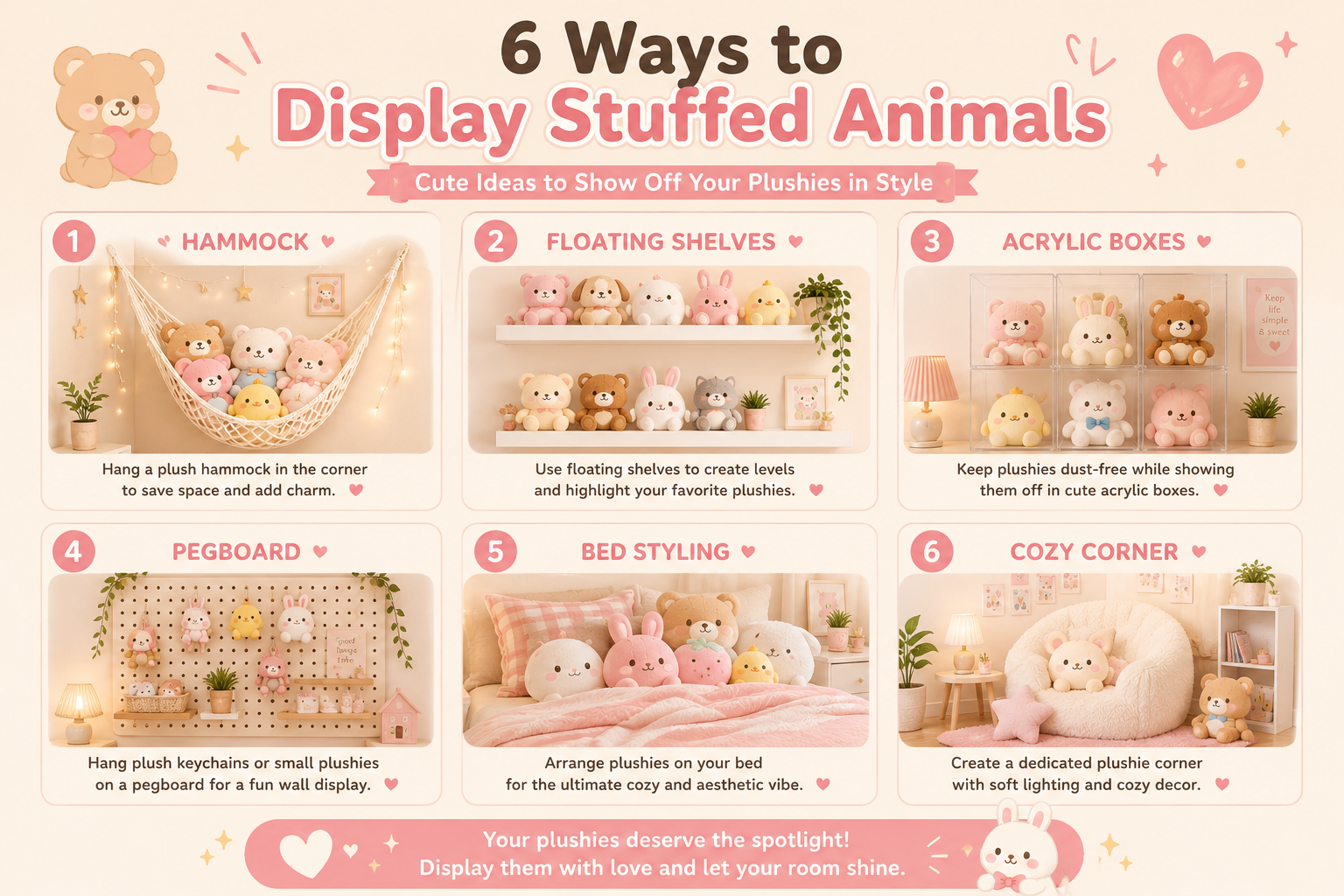 Infographic showing six aesthetic ways to display stuffed animals, including a hammock, floating shelves, acrylic boxes, a pegboard, bed styling, and a cozy plushie corner.
