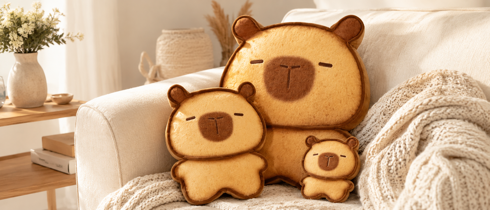 Three capybara bread cookie plush pillows in different sizes are displayed on a cream sofa in a warm cozy living room, with soft sunlight, neutral home decor, knitted blanket, and wooden side table in the background.