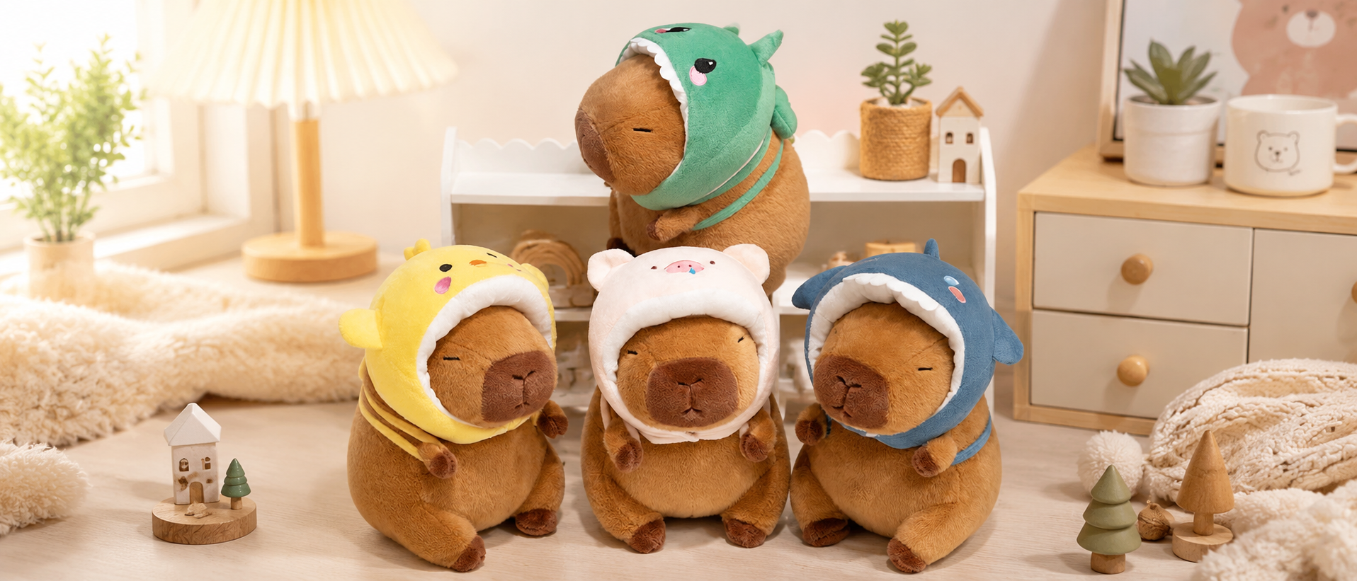 Four cute capybara plush toys wearing colorful animal cosplay hats are displayed in a warm cozy kids room, featuring soft lighting, wooden decor, plants, and playful nursery accessories.