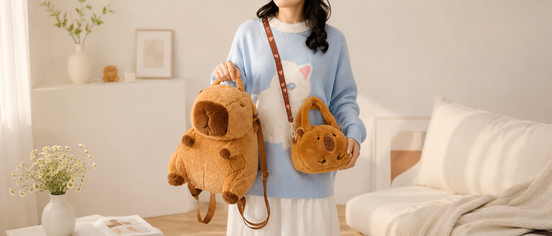 A woman wearing a soft blue sweater holds a large capybara plush backpack and a small capybara crossbody bag in a bright cozy room, with warm neutral decor, flowers, and a cream sofa in the background.