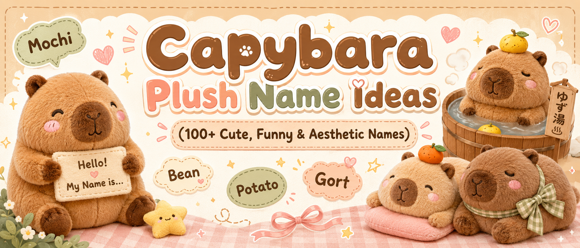 Kawaii blog banner featuring cute capybara plush toys, name tags, pastel doodles, and the title “Capybara Plush Name Ideas (100+ Cute, Funny & Aesthetic Names)”.