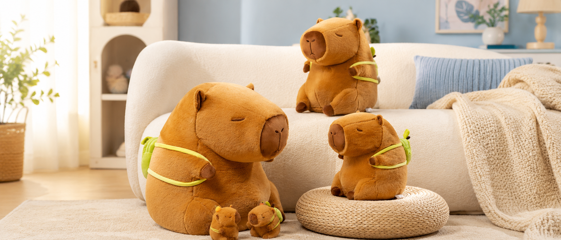 A cozy lifestyle banner showing several capybara plush toys with small avocado backpacks displayed in a warm living room, featuring a cream sofa, woven cushion, soft blanket, natural light, and neutral home decor.