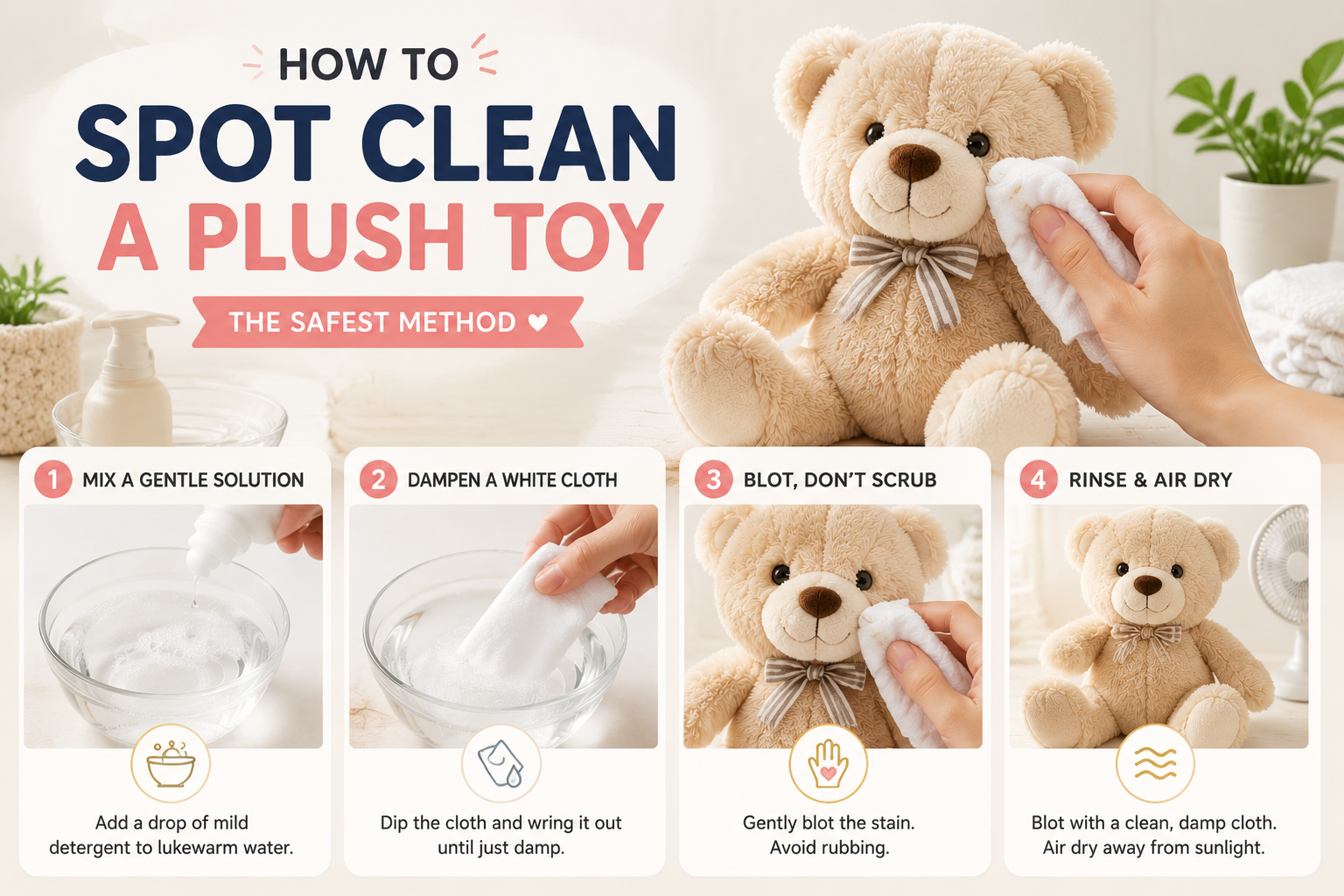 A clean minimal step-by-step infographic showing how to spot clean a plush toy, featuring a teddy bear being gently wiped with a cloth and four simple cleaning steps in a soft modern layout.