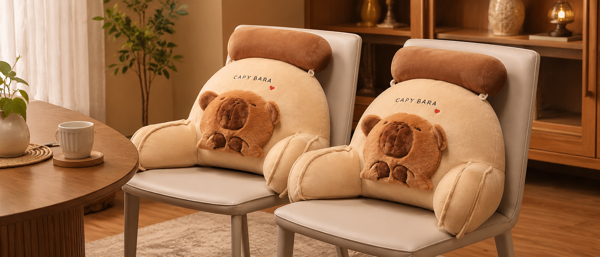 Two large capybara cushion plush backrests are placed on cream dining chairs in a warm and cozy living room, featuring soft beige tones, wooden furniture, a coffee cup, and a comfortable home decor setting.