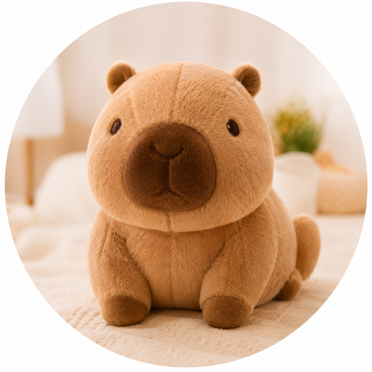 A cute brown capybara plush toy sitting inside a circular frame on a soft beige bed, with warm indoor lighting and a softly blurred cozy bedroom background.