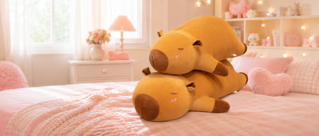 Long Chunky Capybara Plushie Two oversized capybara plush pillows are stacked on a soft pink bed in a cozy pastel bedroom, with warm lighting, fluffy heart pillows, and cute decorative shelves in the background.