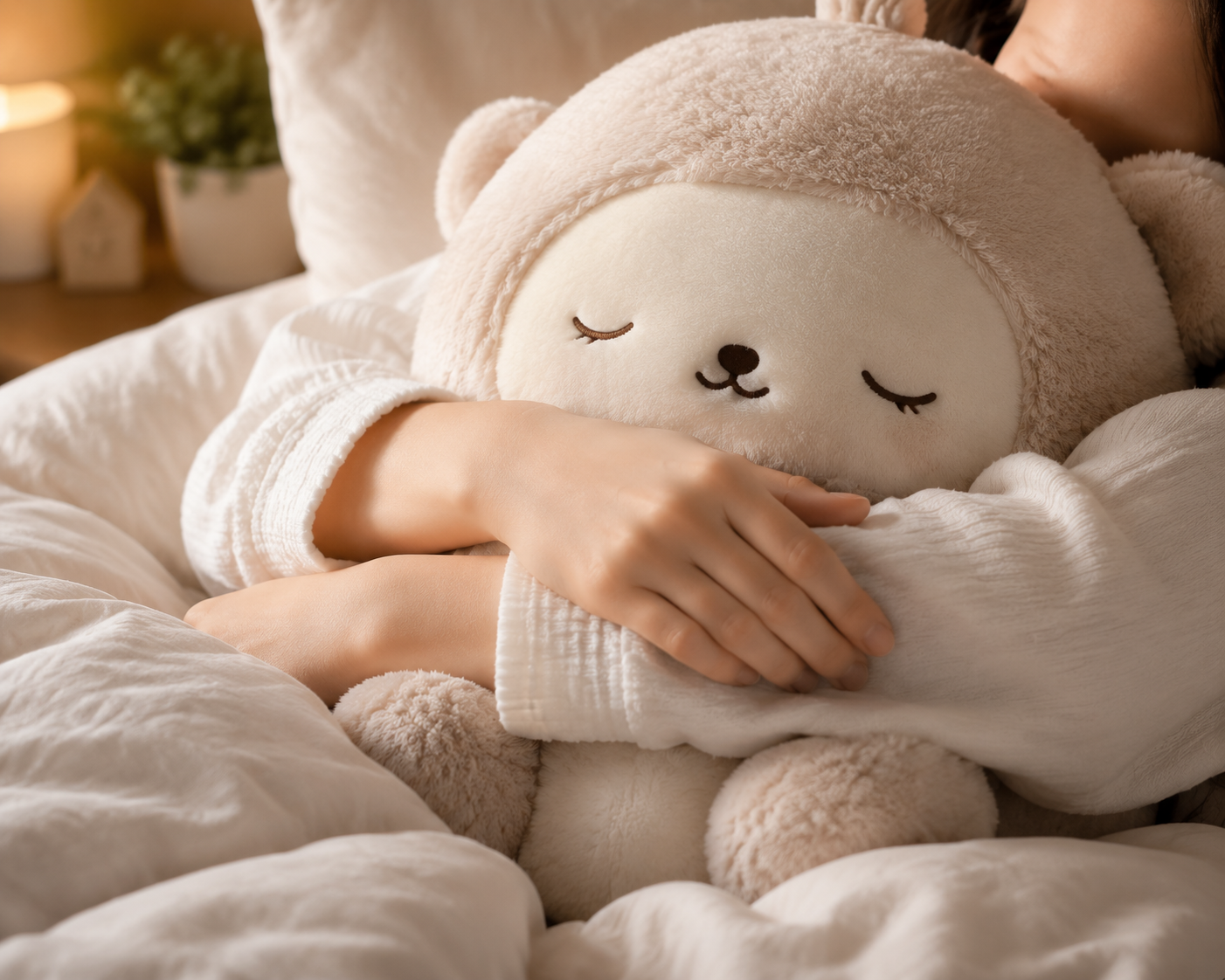 A warm close-up lifestyle shot of hands gently hugging an ultra-soft plush toy in a cozy bed setting. The scene features soft lighting, neutral bedding, and a calming atmosphere, emphasizing sensory comfort, emotional relief, and relaxation through plush companionship.