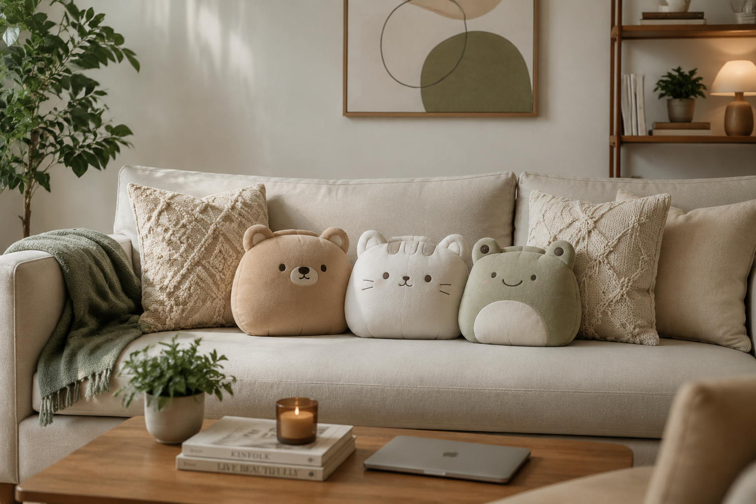 A modern minimalist living room featuring a beige sofa decorated with cute plush pillows in soft neutral tones. The space includes wooden furniture, indoor plants, and warm natural lighting, creating a cozy and aesthetic home environment that blends comfort, relaxation, and stylish adult décor.