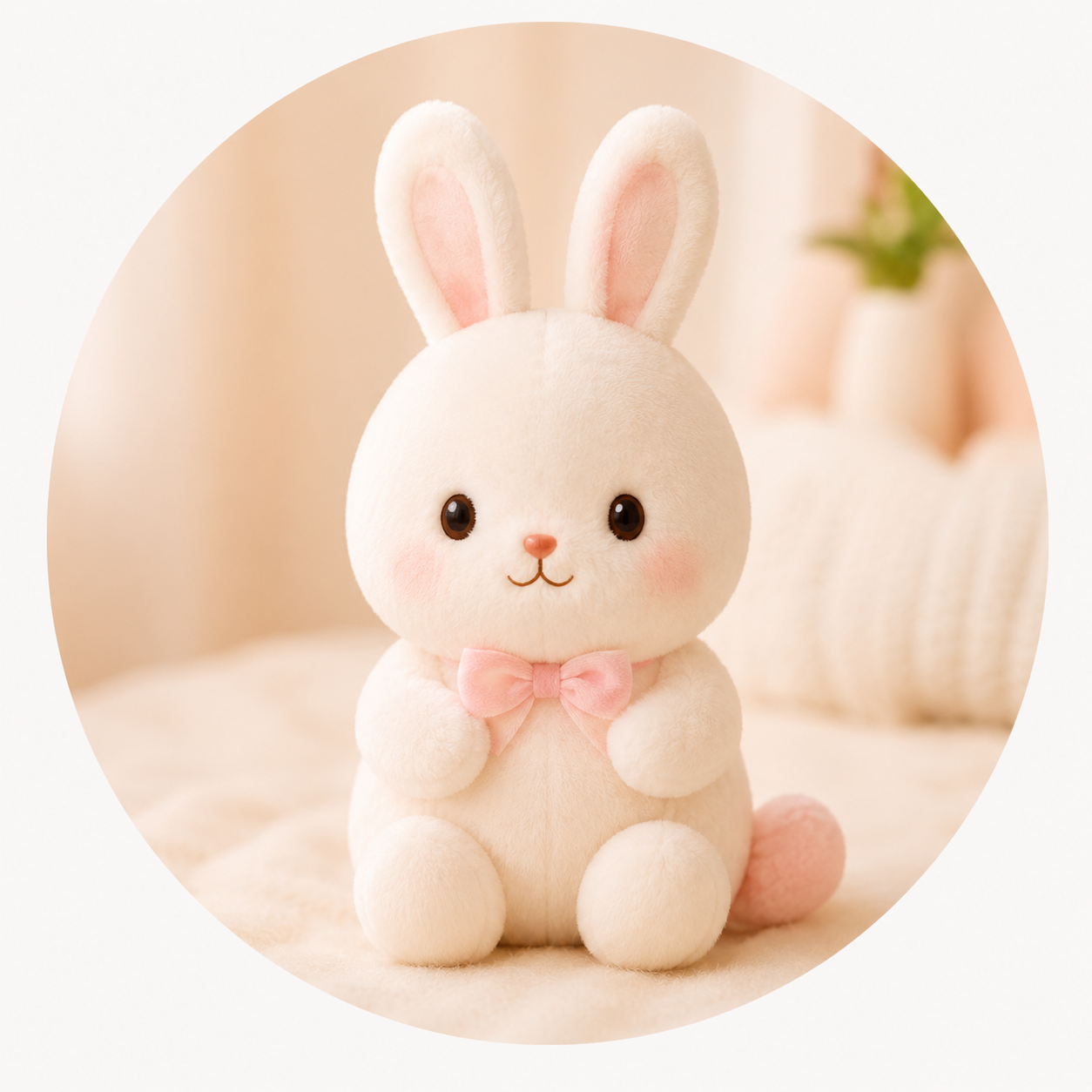 A cute white plush bunny with pink ears and a pink bow tie sitting inside a circular frame against a warm, softly blurred cozy bedroom background.