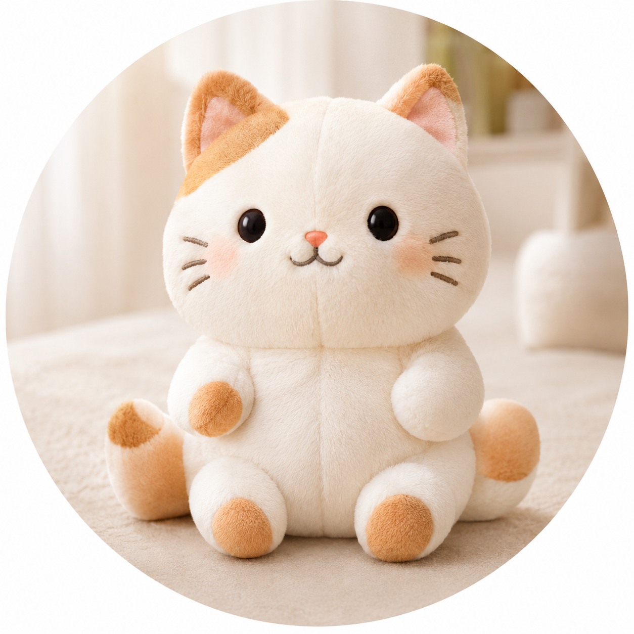 A cute cream plush cat with orange accents sitting inside a circular frame against a warm, softly blurred indoor background.