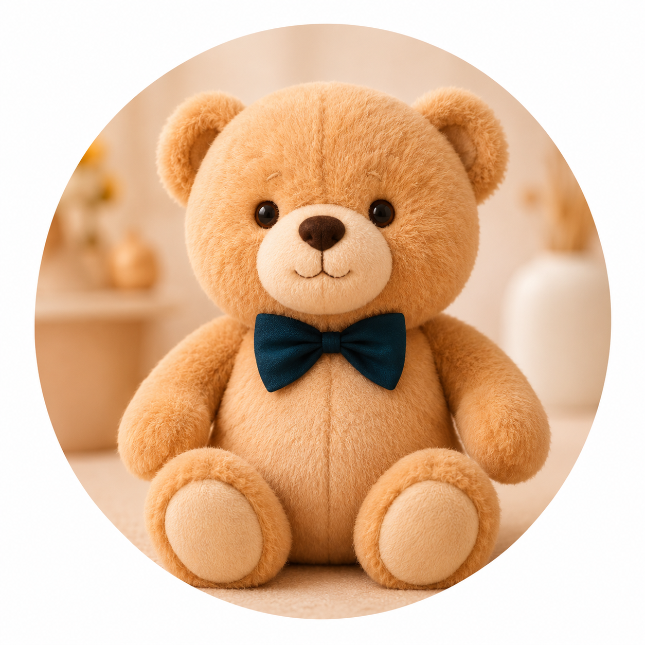 A cute light-brown teddy bear plush with a dark teal bow tie sitting inside a circular frame against a warm, softly blurred indoor background.