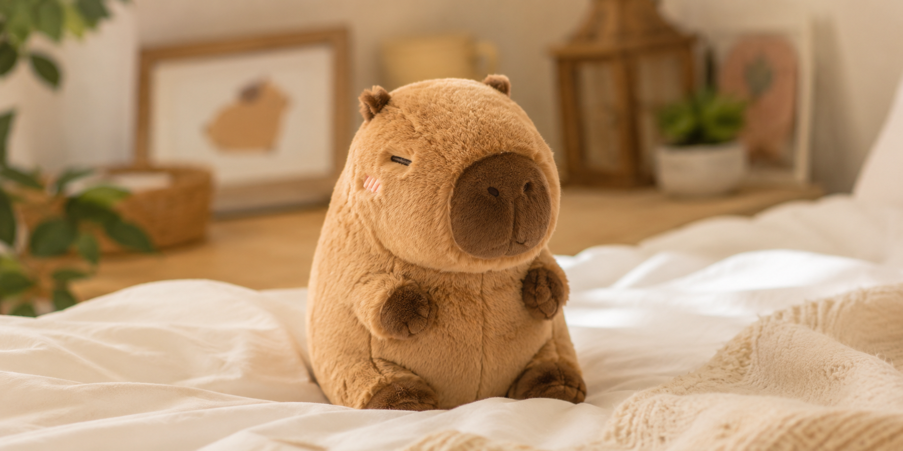 Realistic cute capybara plush toy sitting on a cozy white bed in a warm, softly lit bedroom, perfect for a soft plush toy name ideas blog section.