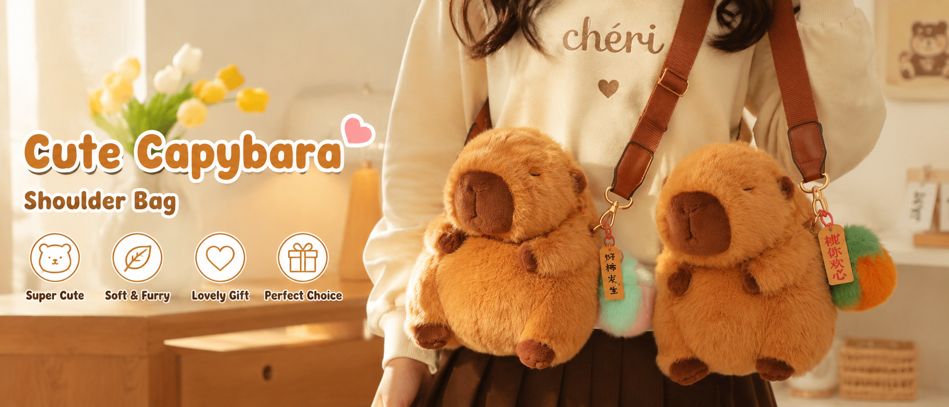 A warm lifestyle banner showing two fluffy capybara shoulder bags worn by a person in a cozy sunlit room, with soft brown straps, colorful plush charms, and simple promotional text highlighting the bags as cute, soft, and giftable.