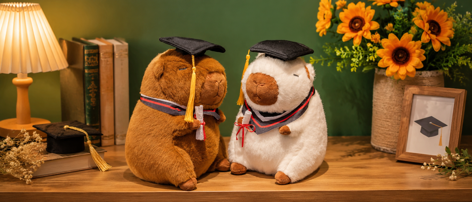Two graduation-themed capybara plush toys wearing black graduation caps and holding diplomas are displayed on a wooden table in a warm study room, with books, a lamp, sunflower decorations, and a framed graduation cap illustration in the background.
