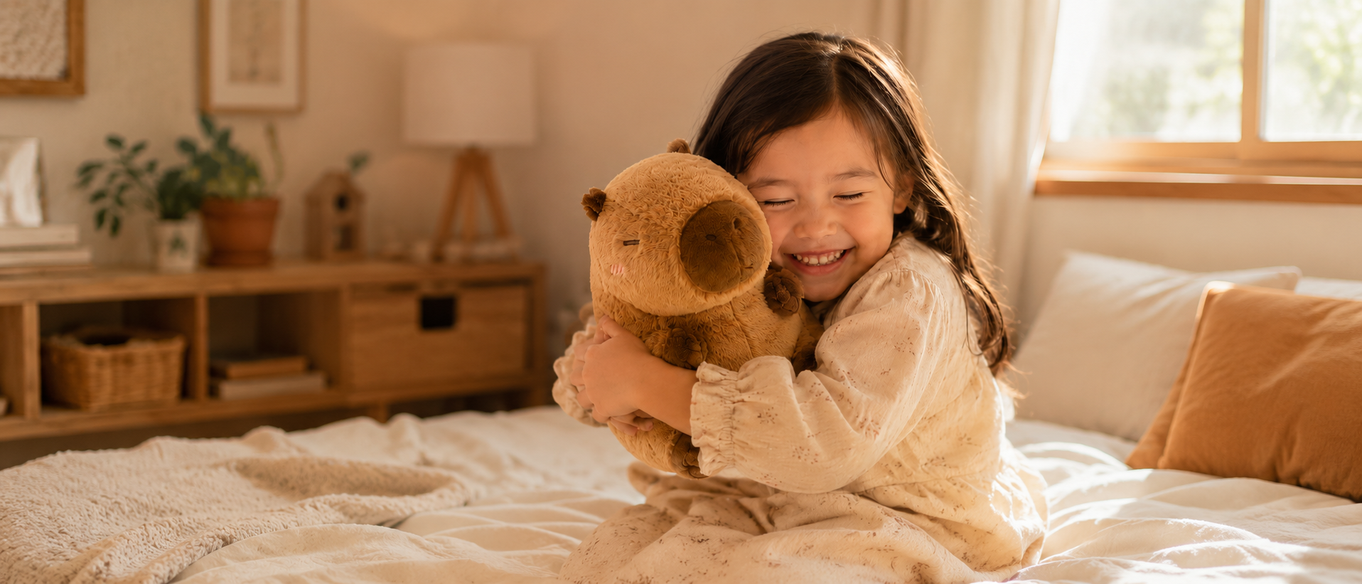 A happy child hugging a cute capybara plush toy on a cozy bed in a warm, softly lit bedroom, showing the comfort and joy of soft plush toys.