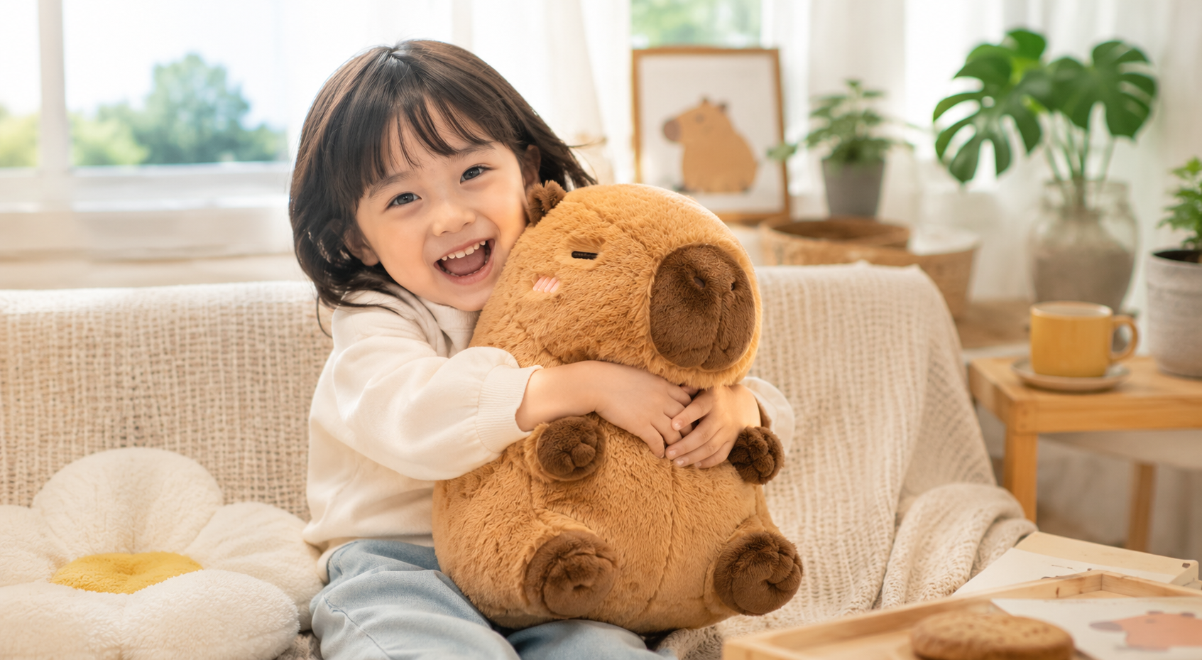 A joyful child cuddling a large cute capybara plush toy on a cozy sofa in a bright, sunlit room with plants and soft home decor.
