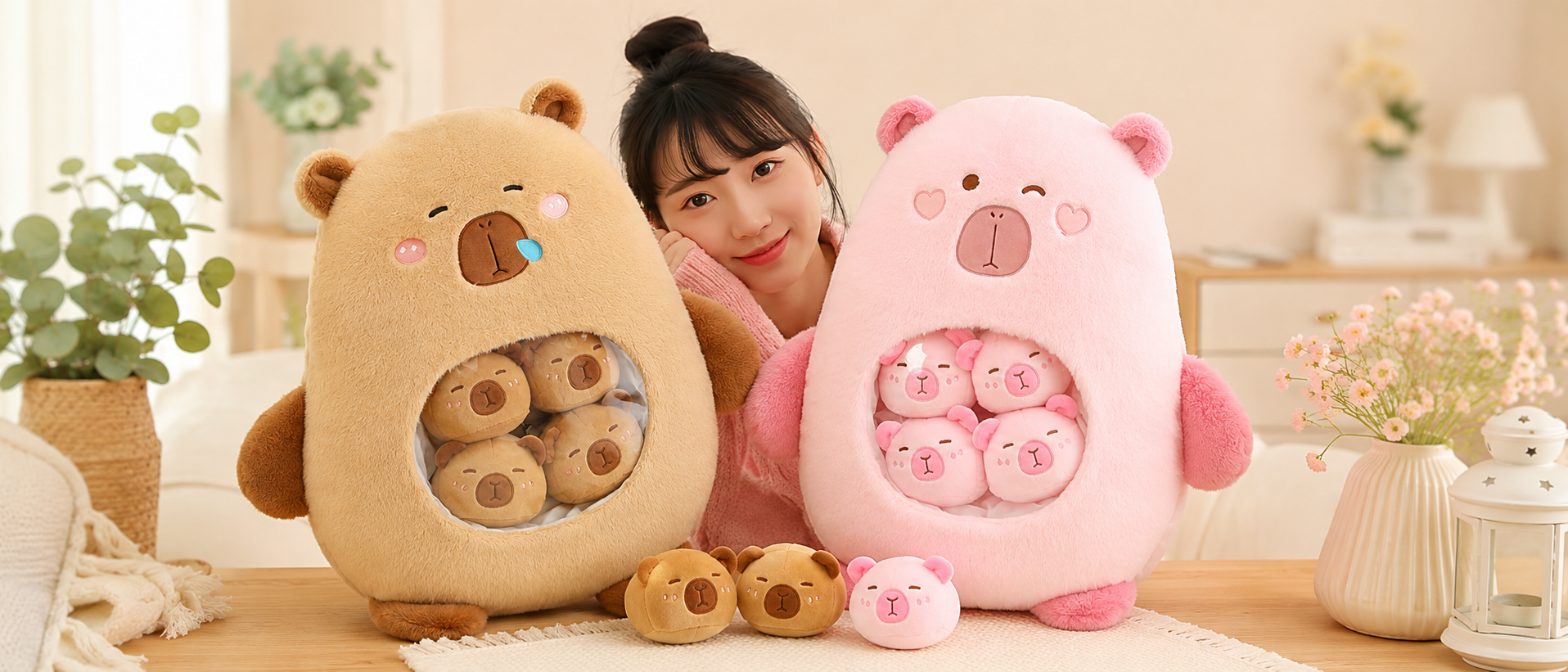 A warm lifestyle banner showing a smiling girl with two large kawaii capybara candy bag plushies, one beige and one pink, filled with mini capybara plush toys, displayed on a wooden table in a cozy room with soft flowers and pastel home decor.