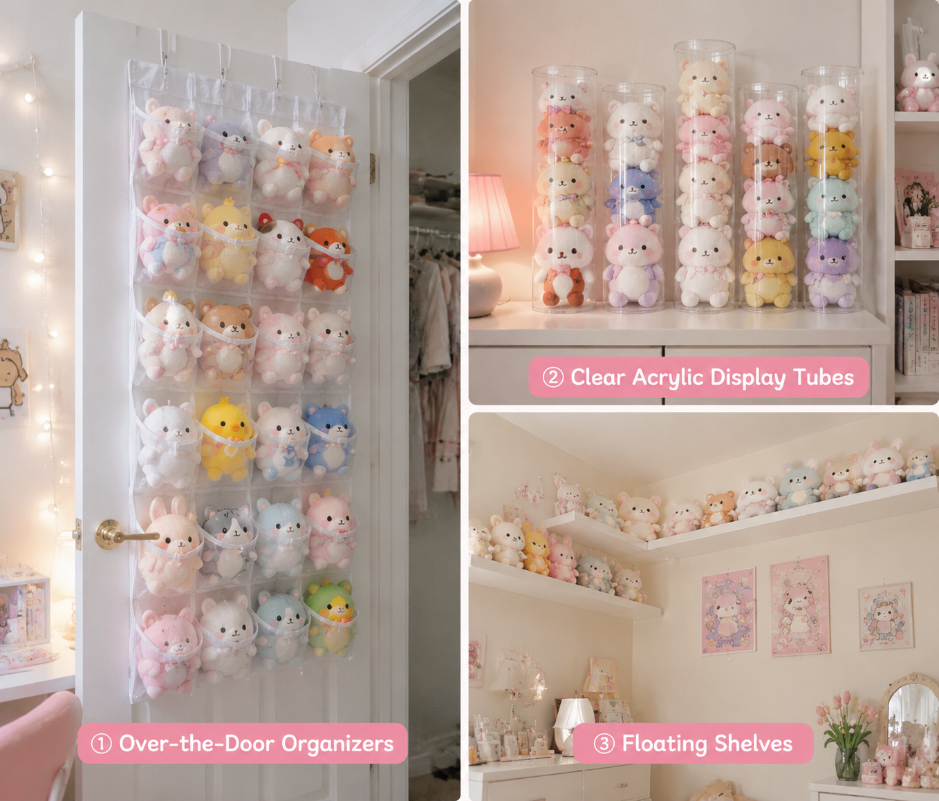 A bright pastel collage-style image showing three cute and practical ways to store stuffed animals in small spaces. The left panel features an over-the-door clear pocket organizer filled with plush toys, the top-right shows transparent acrylic display tubes stacked with pastel plushies, and the bottom-right displays floating wall shelves with neatly arranged stuffed animals. The overall aesthetic is soft, kawaii, and organized, emphasizing space-saving storage solutions for plush collections.