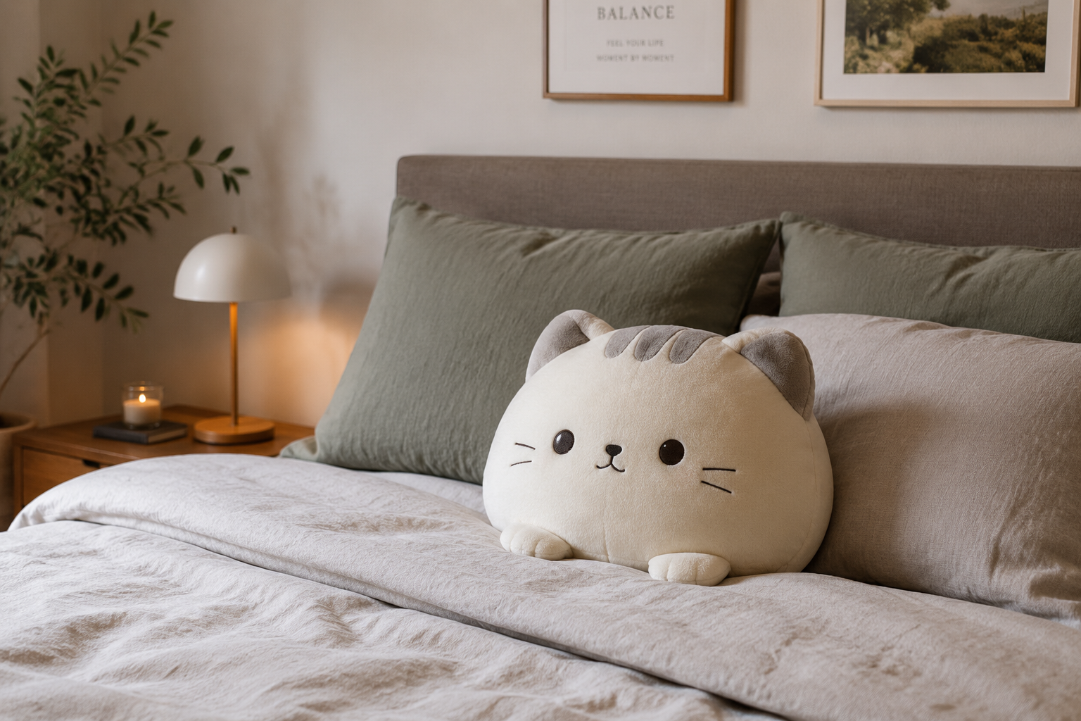 A soft natural-light bedroom scene featuring a neatly made bed with a minimalist plush toy placed on pillows. The space is calm and cozy with neutral tones, warm bedside lighting, and simple décor, highlighting adult comfort, relaxation, and sleep wellness through plush companionship.