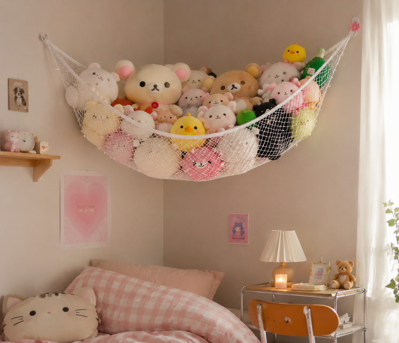 A real cozy pastel bedroom corner featuring a white mesh plush hammock filled with stuffed animals hanging between walls. Below is a neatly made bed with soft pink bedding, a warm bedside lamp, and cute decor elements, creating a calm and aesthetic kawaii-style room. The image demonstrates a vertical storage solution for organizing plush toys while keeping a soft, cozy home atmosphere.