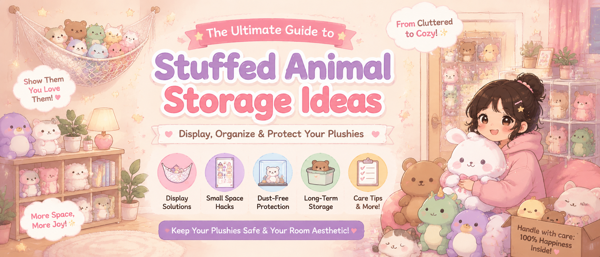 A pastel kawaii-style blog banner about stuffed animal storage ideas, featuring a cozy bedroom filled with plush toys and organized display solutions. The design highlights a corner plush hammock hanging from the ceiling, floating stuffed animals, shelving storage, and a cheerful character in a soft pink aesthetic room. The scene emphasizes cute, space-saving organization and aesthetic plush display methods.