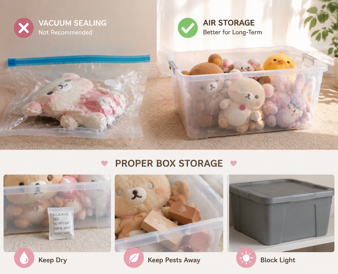 A clean and minimal infographic-style image comparing plush toy storage methods. The left side shows vacuum sealing as not recommended due to potential damage, while the right side shows proper air storage in a plastic bin with plush toys inside. The bottom section highlights key care tips such as keeping toys dry, protecting from pests with cedar blocks, and blocking light to prevent fading. The design is simple, bright, and instructional.