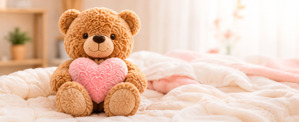 A cute brown teddy bear holding a pink heart pillow while sitting on soft white bedding in a warm, cozy bedroom setting.