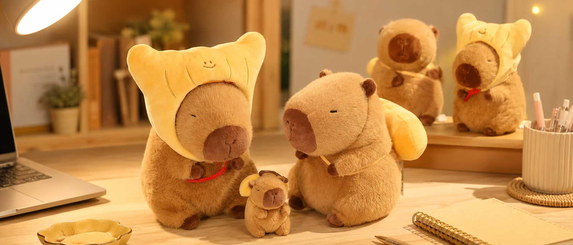 A warm lifestyle banner showing several toasted croissant capybara plush toys displayed on a cozy wooden desk, with soft lamp lighting, a laptop, notebook, stationery, and cute plush companions in the background.