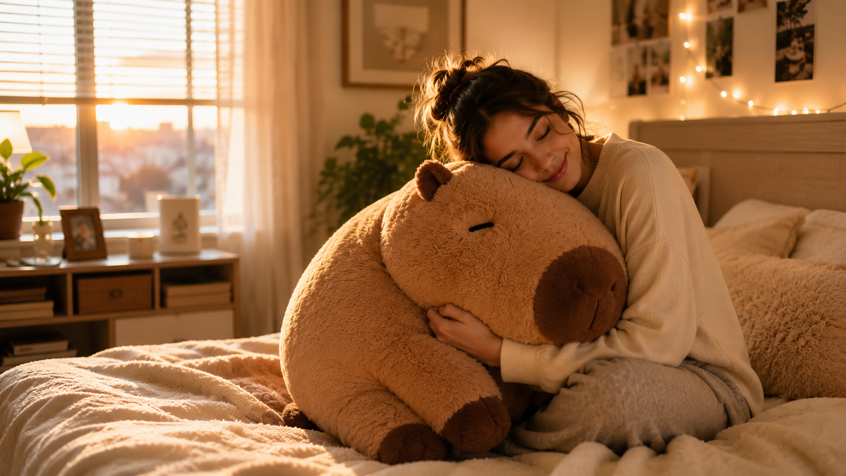 Young adult woman peacefully hugging a giant stuffed animal on a cozy bed in warm evening light for comfort and relaxation