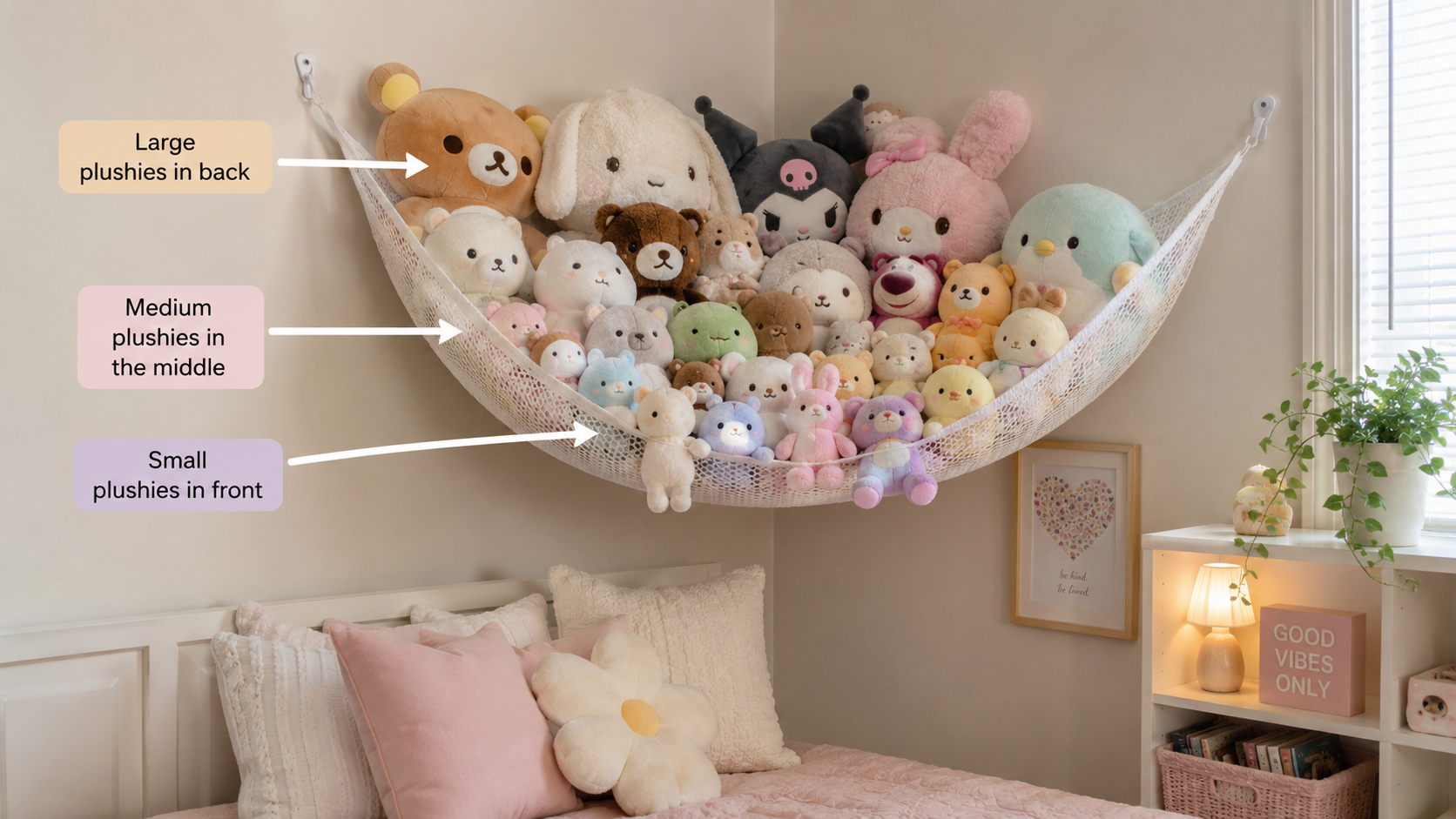 Realistic bedroom scene showing a stuffed animal hammock arranged with large plushies in the back, medium plushies in the middle, and small plushies in front.