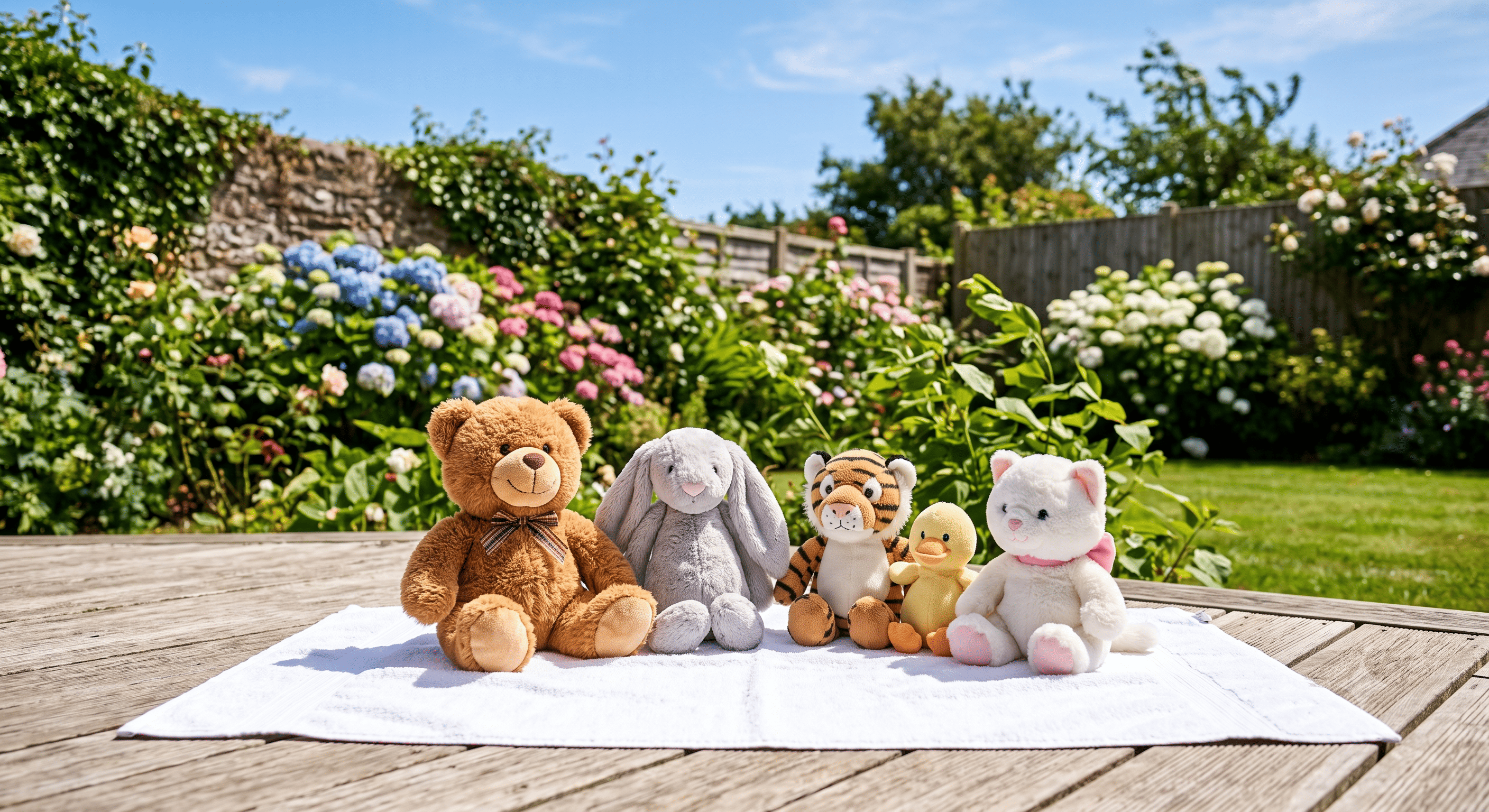 A group of freshly washed stuffed animals air drying on a clean white towel outdoors in a sunny garden