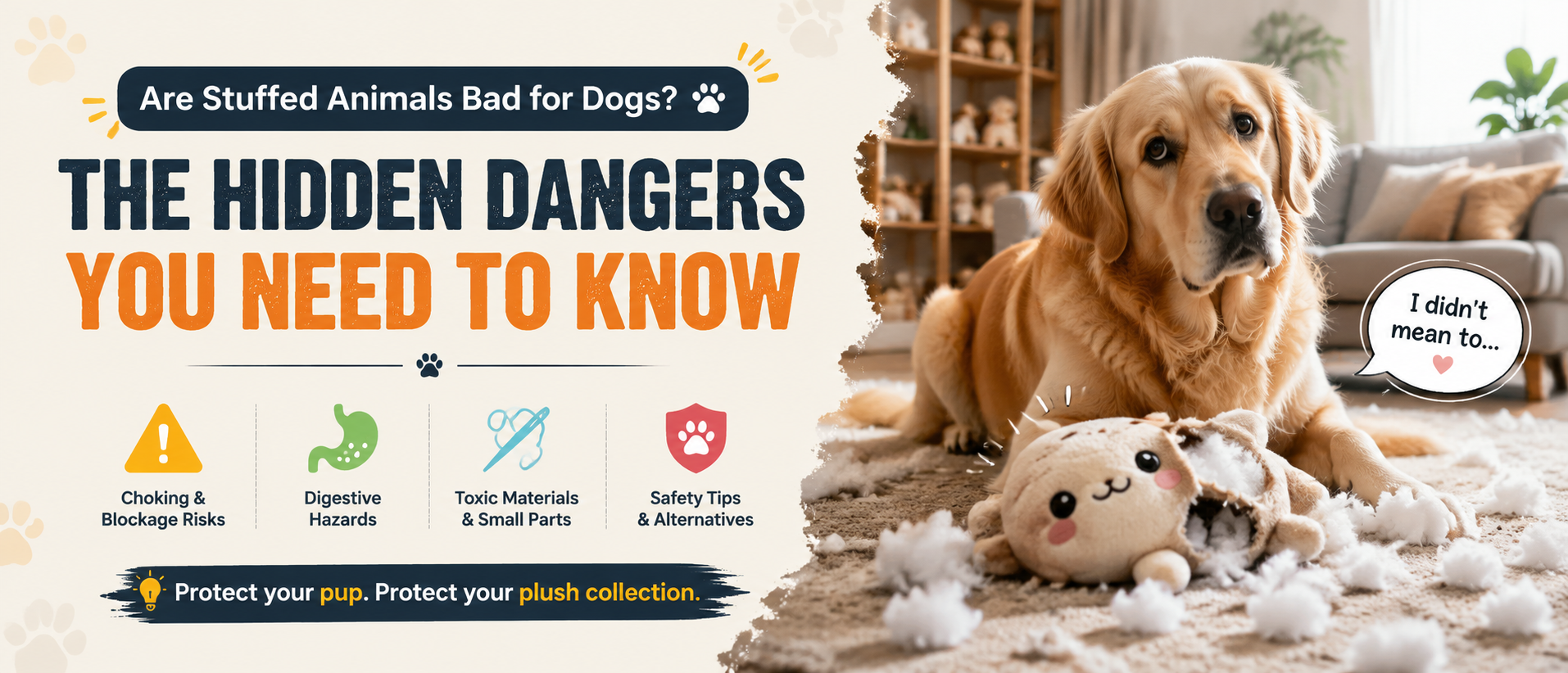 Cute dog sitting next to a torn stuffed animal showing the hidden risks of plush toys for dogs including choking hazards and stuffing dangers