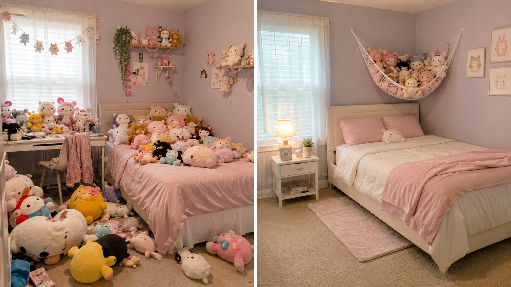 Before and after plush toy storage makeover showing a cluttered bedroom organized with a stuffed animal hammock for cute and space-saving plush collection storage.
