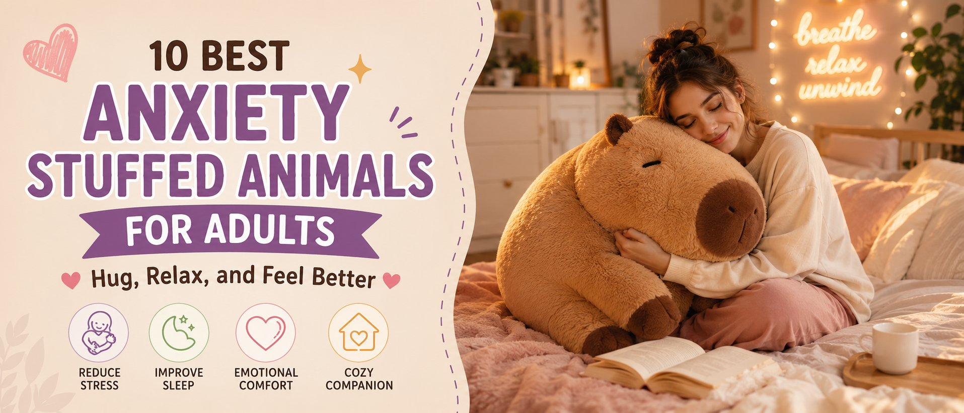 Young adult woman hugging a giant capybara stuffed animal on a cozy bed, illustrating the best anxiety stuffed animals for adult comfort and relaxation