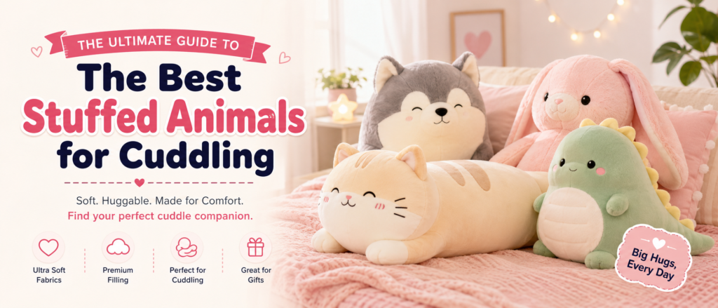 Best stuffed animals for cuddling displayed in a cozy pastel bedroom, featuring soft cat, bunny, husky and dinosaur plush toys.