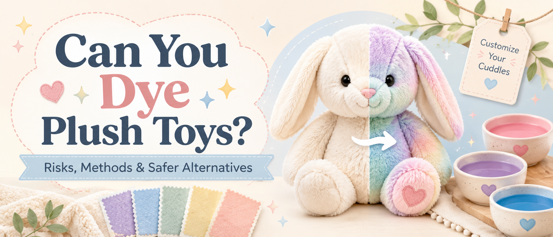 Blog banner showing a white plush bunny changing into a colorful dyed plush toy, illustrating plush dyeing risks and safer alternatives.