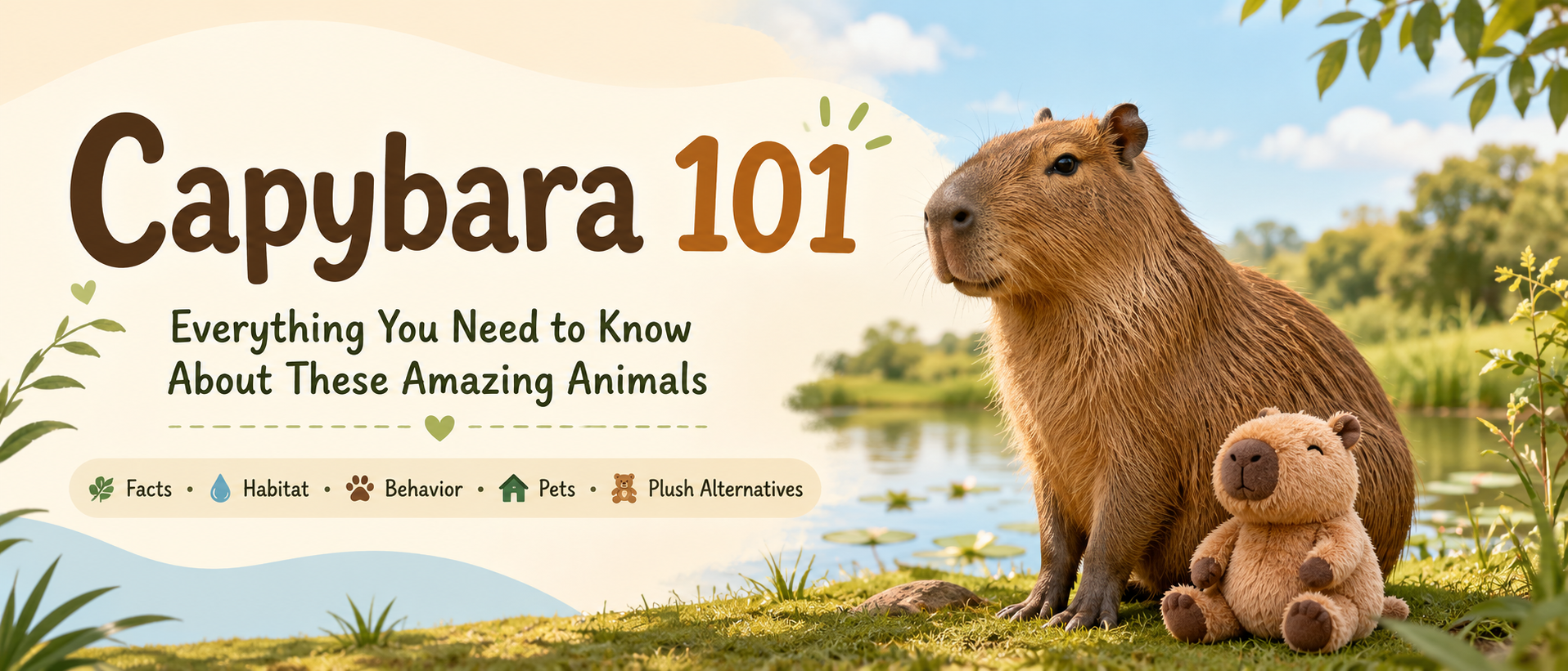 Capybara 101 blog banner featuring a real capybara and a capybara plush toy beside a peaceful pond, covering capybara facts, habitat, behavior, pet ownership, and plush alternatives.