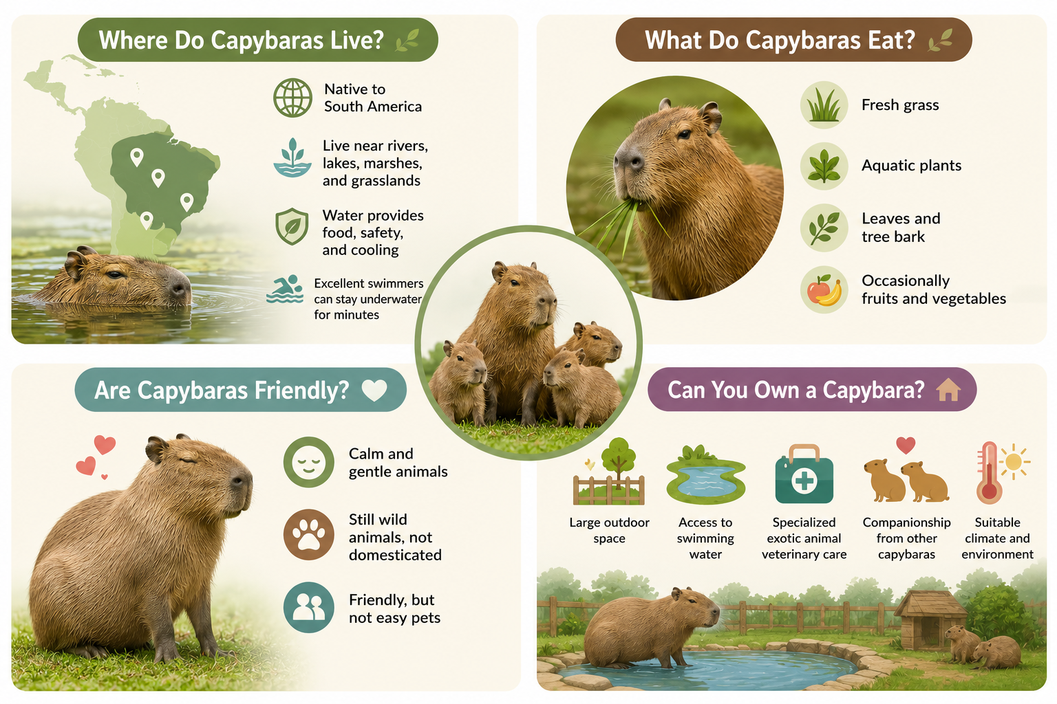 Capybara infographic showing habitat, diet, social behavior, and basic care requirements.